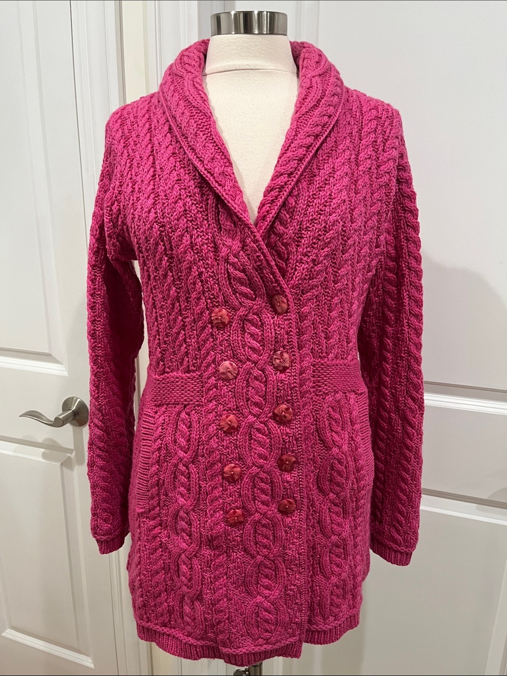 Aran Crafts 100% Merino Wool Cable knit Pink Cardigan Sweater Made in Ireland